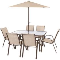Conjunto Mor Texas Mesa Retangular com Vidro 6 Cadeiras 1 Guarda-Sol