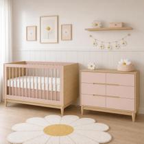 Conjunto Móveis para Quarto de Bebê Premium Berço vira Cama e Cômoda 6 Gavetas Rosa com Carvalho Malva Marca Quater Brinde Colchão
