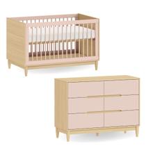Conjunto Móveis para Quarto de Bebê Premium Berço vira Cama e Cômoda 6 Gavetas Rosa com Carvalho Malva Marca Quater Conjunto Móveis para Quarto de Bebê Premium Berço vira Cama e Cômoda 6 Gavetas Rosa com Carvalho Malva Marca Quater