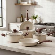 Conjunto mta serena 5 pcs c/ tampa de vidro revestimento antiaderente ceramico vanilla