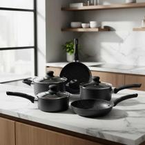 Conjunto mta serena 5 pcs com tampa de vidro revestimento antiaderente ceramico preto