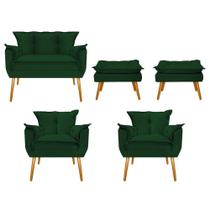 Conjunto Namoradeira, 02 Poltronas e 02 Puff Opala Palito Mel Suede Verde