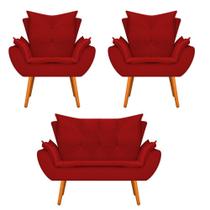 Conjunto Namoradeira e 02 Poltronas Fenzzi Palito Mel Suede Vermelho - KDAcanto Móveis