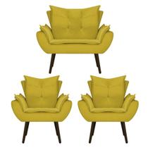 Conjunto Namoradeira e 02 Poltronas Fenzzi Palito Tabaco Suede Amarelo - KDAcanto Móveis Conjunto Namoradeira e 02 Poltronas Fenzzi Palito Tabaco Suede Amarelo - KDAcanto Móveis