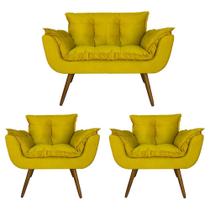 Conjunto Namoradeira e 2 Poltronas Estofadas Hall de Entrada Opala Suede Amarelo - DL Decor