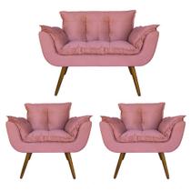 Conjunto Namoradeira e 2 Poltronas Estofadas Hall de Entrada Opala Suede Rosa - DL Decor