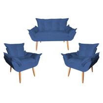 Conjunto Namoradeira Opala Com 02 Poltrona Opala Suede Azul Marinho - Hellen Decor