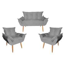 Conjunto Namoradeira Opala Com 02 Poltrona Opala Suede Cinza - Hellen Decor