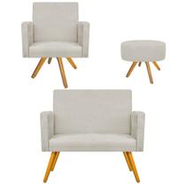 Conjunto Namoradeira, Poltrona Arenzza e Puff Sofia Base Giratória de Madeira Suede Bege - DAMAFFÊ MÓVEIS