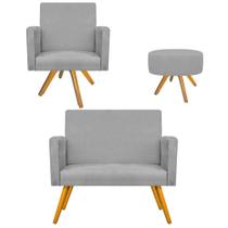 Conjunto Namoradeira, Poltrona Arenzza e Puff Sofia Base Giratória de Madeira Suede Cinza - DAMAFFÊ MÓVEIS
