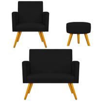 Conjunto Namoradeira, Poltrona Beatriz e Puff Sofia Palito Mel Sala de Espera Suede Preto