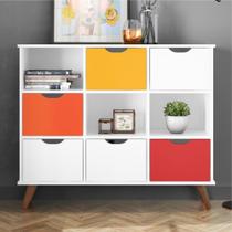 Conjunto Nicho Organizador Kenya 9 Espaços Retrô Branco + Kit 3 Gavetas Coloridas + Kit 3 Gavetas Brancas