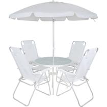 Conjunto Noronha Branco com Mesa 4 Cadeiras e Guarda Sol Bel