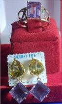 Conjunto Ouro 18 Kilates Pedras Zircônias Anel Anetista 3.50 Gramas 10x8 mm e Brincos Ametistas 9 mm e Citrino 9 x 11 mm