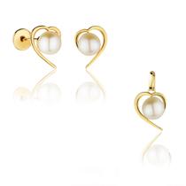 Conjunto Ouro 18k Pingente e Brincos Coração Pérola Natural