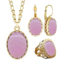 Conjunto Oval de Jóias para Mulheres, Pedra Olho de Gato, Colar, Brinco, Anel Rosa 21 Conjunto Oval de Jóias para Mulheres, Pedra Olho de Gato, Colar, Brinco, Anel Rosa 21