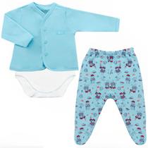 Conjunto p/ Bebê Body Calça e Casaco Hipopotamo Azul Algodão