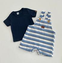 Conjunto P/GG Divertto Camiseta Azul Marinho e Jardineira Listrada Azul/Branco