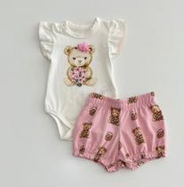 Conjunto P/GG Milon Body Off White Ursinha e Shorts Rosa Ursinhas Conjunto P/GG Milon Body Off White Ursinha e Shorts Rosa Ursinhas