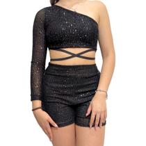 Conjunto Paetê Um Ombro Só com Amarração na Cintura cor:pretoTamanho:M Conjunto Paetê Um Ombro Só com Amarração na Cintura cor:pretoTamanho:M