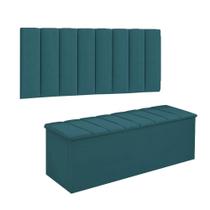 Conjunto Painel E Calçadeira Cancun Para Cama Box Casal 140 cm Suede Azul Turquesa - DL Decor