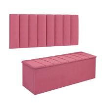Conjunto Painel E Calçadeira Cancun Para Cama Box Casal 140 cm Suede Rosa Barbie - DL Decor