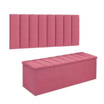 Conjunto Painel E Calçadeira Cancun Para Cama Box Casal 140 cm Suede Rosa Barbie - LM DECOR