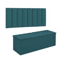 Conjunto Painel E Calçadeira Cancun Para Cama Box King 195 cm Suede Azul Turquesa - DL Decor