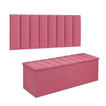 Conjunto Painel E Calçadeira Cancun Para Cama Box King 195 cm Suede Rosa Barbie - LM DECOR