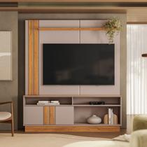 Conjunto Painel E Rack Com Detalhes Ripados E Prateleira