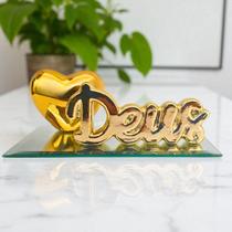 Conjunto Palavra Decorativa Deus + Coração metalizado Enfeite Mesa Casa Sala Rack Quarto