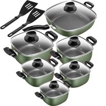 Conjunto Panela Antiaderente Quadrada Verde 6 Peças Com Tampa De Vidro Patolux