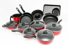 Conjunto Panelas 13 Peças Antiaderente Teflon Tampa Vidro - Vermelho