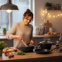 Conjunto Panelas Antiaderente 4 Peças Preto com Tampa de Vidro Indução Fácil Limpeza Conjunto Panelas Antiaderente 4 Peças Preto com Tampa de Vidro Indução Fácil Limpeza