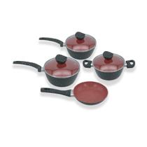 Conjunto Panelas Antiaderente 4 Peças Preto Vermelho Com Tampa Vidro Alumínio Gás Elétrico Indução Vitrocerâmico Cozinha Moderna