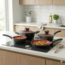 Conjunto Panelas Antiaderente com Tampa de Vidro 04 peças - Preto e Vermelho