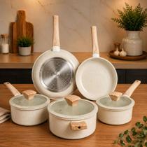 Conjunto Panelas Cerâmica Gourmet 5 Peças Indução Gás Antiaderente Premium Bege