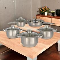 Conjunto Panelas Em Aço Inox e Tampa de Vidro 5 Peças Gourmet Caçarola Frigideira Cozinha