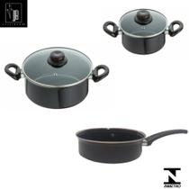 Conjunto Panelas Preta Indução Cooktop Elétrico Á Gás 3 Pçs