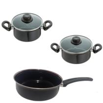 Conjunto Panelas Preta Indução Cooktop Elétrico Á Gás 3 Pçs