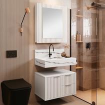 Conjunto para Banheiro Bancada em Porcelanato com Cuba Esculpida, Armário e Espelheira Ripy 60cm Branco Conjunto para Banheiro Bancada em Porcelanato com Cuba Esculpida, Armário e Espelheira Ripy 60cm Branco