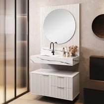 Conjunto Para Banheiro Bancada Em Porcelanato Com Cuba Esculpida, Armário e Espelheira Ripy 80cm Branco