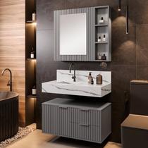 Conjunto Para Banheiro Bancada Em Porcelanato Com Cuba Esculpida, Armário e Espelheira Ripy 80cm Cinza