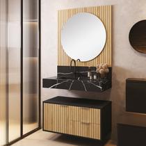 Conjunto Para Banheiro Bancada Em Porcelanato Com Cuba Esculpida, Armário e Espelheira Ripy 80cm Preto/Wood