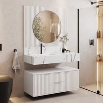 Conjunto para Banheiro Bancada em Porcelanato com Cuba Esculpida, Armário e Espelho Ripy 100cm Branco