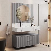 Conjunto para Banheiro Bancada em Porcelanato com Cuba Esculpida, Armário e Espelho Ripy 100cm Cinza