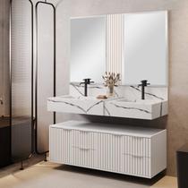 Conjunto para Banheiro Bancada em Porcelanato com Cuba Esculpida, Armário e Espelho Ripy 120cm Branco