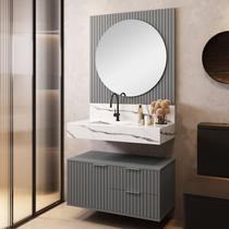 Conjunto para Banheiro Bancada em Porcelanato com Cuba Esculpida, Armário e Espelho Ripy 80cm Cinza Conjunto para Banheiro Bancada em Porcelanato com Cuba Esculpida, Armário e Espelho Ripy 80cm Cinza
