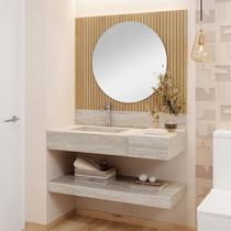 Conjunto Para Banheiro Bancada Em Porcelanato Com Cuba Esculpida, Prateleira e Espelho Ripy 100cm Wood/Travertino