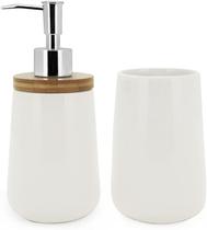 Conjunto Para Banheiro Branco Com Bambu 2 Peças Lavabo e Porta Escova - Mimo